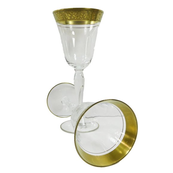 Vintage TWO (2) Tiffin? Minton? Gold Encrusted Band Clear Smooth 6.75" Glasses - Picture 1 of 15